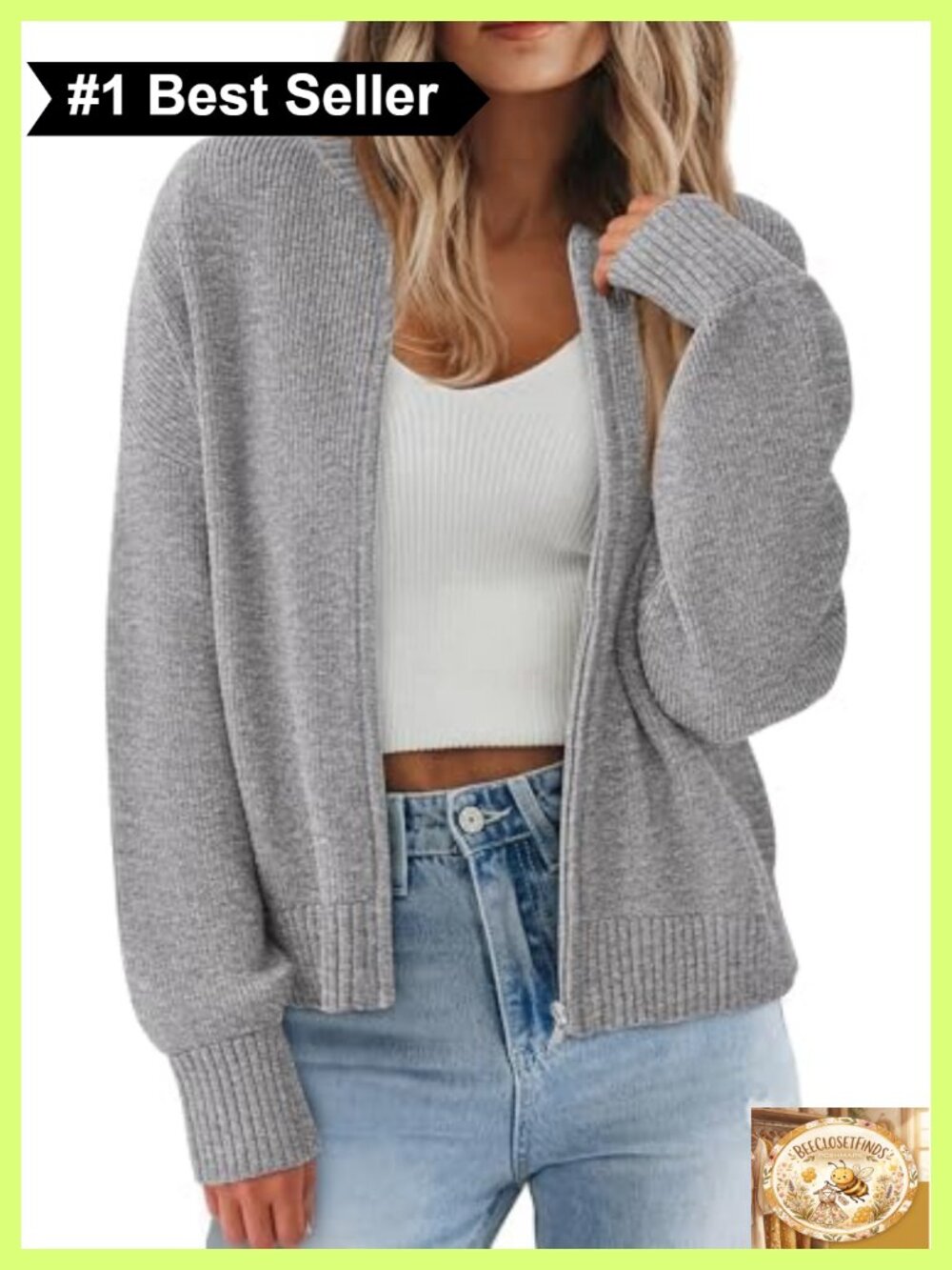 Women's Chunky Knit Zip Up Cardigan Loose Fit Crew Neck Long Sleeve